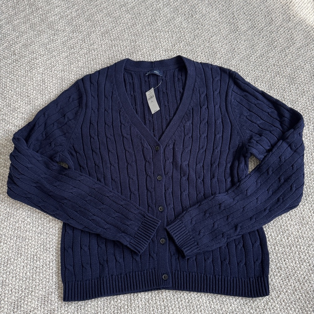Gap Navy Cable-Knit V-Neck Cotton Cardigan Sweater Size Large Tall